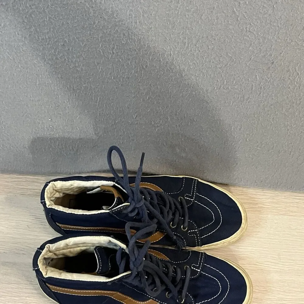 Vans SK8-Hi Navy Blue High Top Sneakers Tan Leather Stripe Skate Shoes Mens 8.5